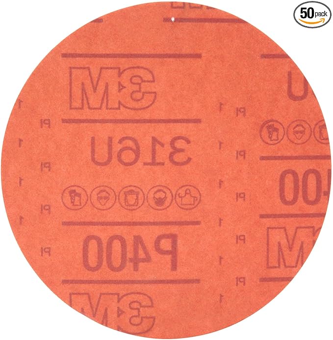 3M Hookit Red Abrasive Sanding Discs, 01219, No Hole, 6 in, 320+ Grade, Pack of 50 Discs, for Auto Sanding, Primer Sanding, E-Coat Sanding